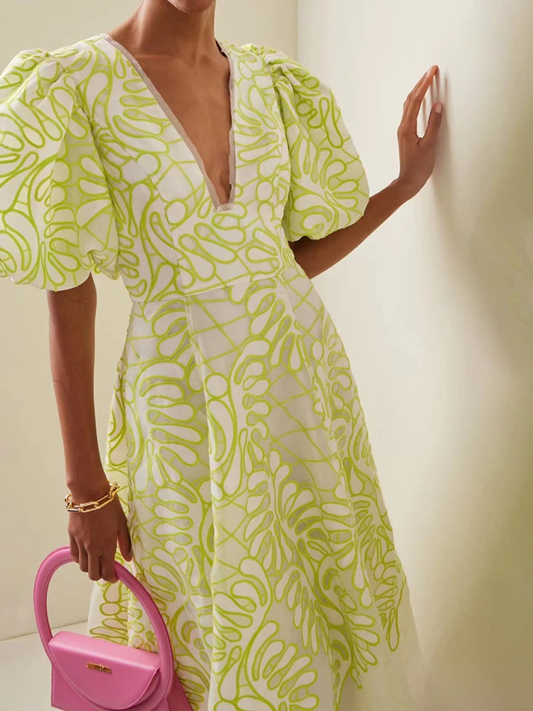 Colorblock A Lin Midi Dresses For Women V Neck Short Puff Sleeve High Waist Elegant Mesh Dress Female Summer 2023 Clothing