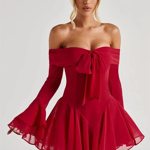 Load image into Gallery viewer, Strapless Long Flare Sleeve Sexy Mini Dress For Women Robe Off-shoulder Backless High Waist A-line Club Party Dress
