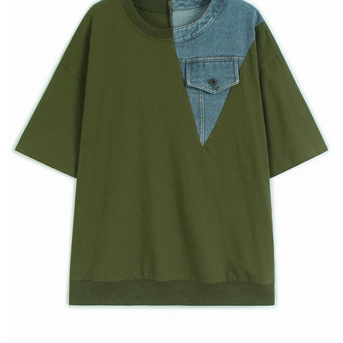 Load image into Gallery viewer, Women Gray Denim Color-block Big Size Casual T-shirt New Round Neck Short Sleeve Fashion Tide Spring Summer 2025 1DJ1354
