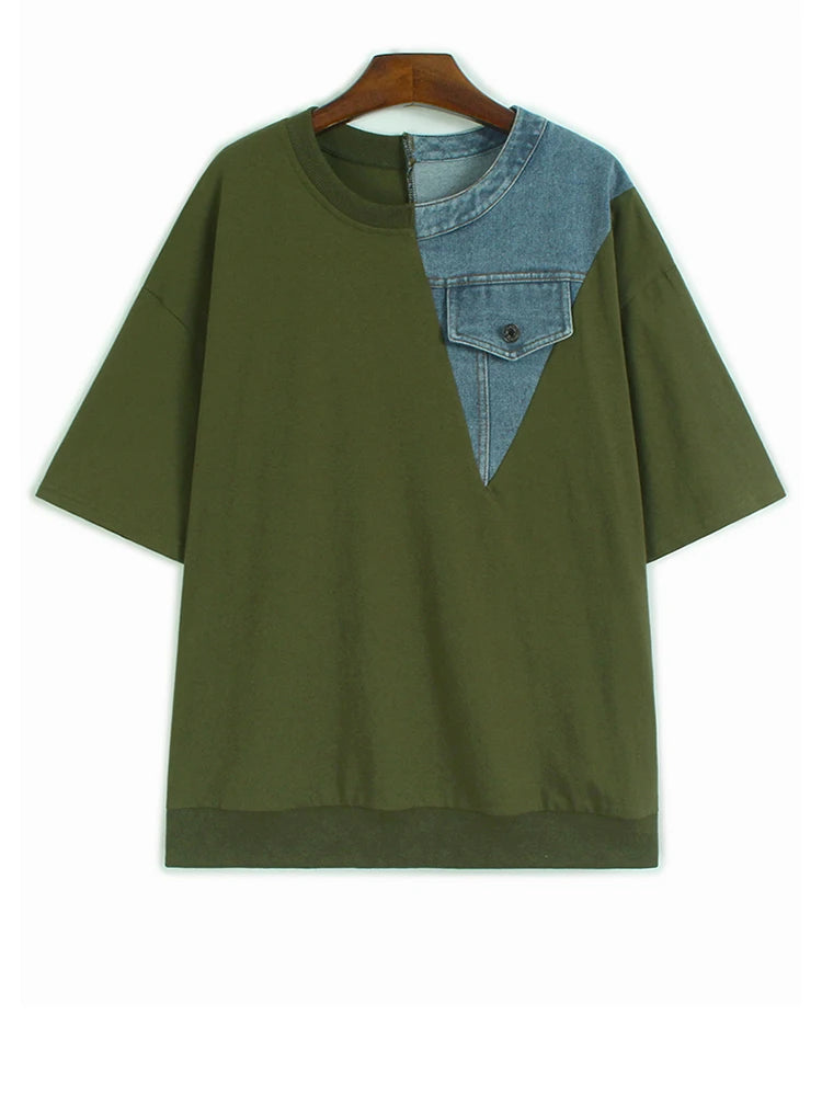 Women Gray Denim Color-block Big Size Casual T-shirt New Round Neck Short Sleeve Fashion Tide Spring Summer 2025 1DJ1354