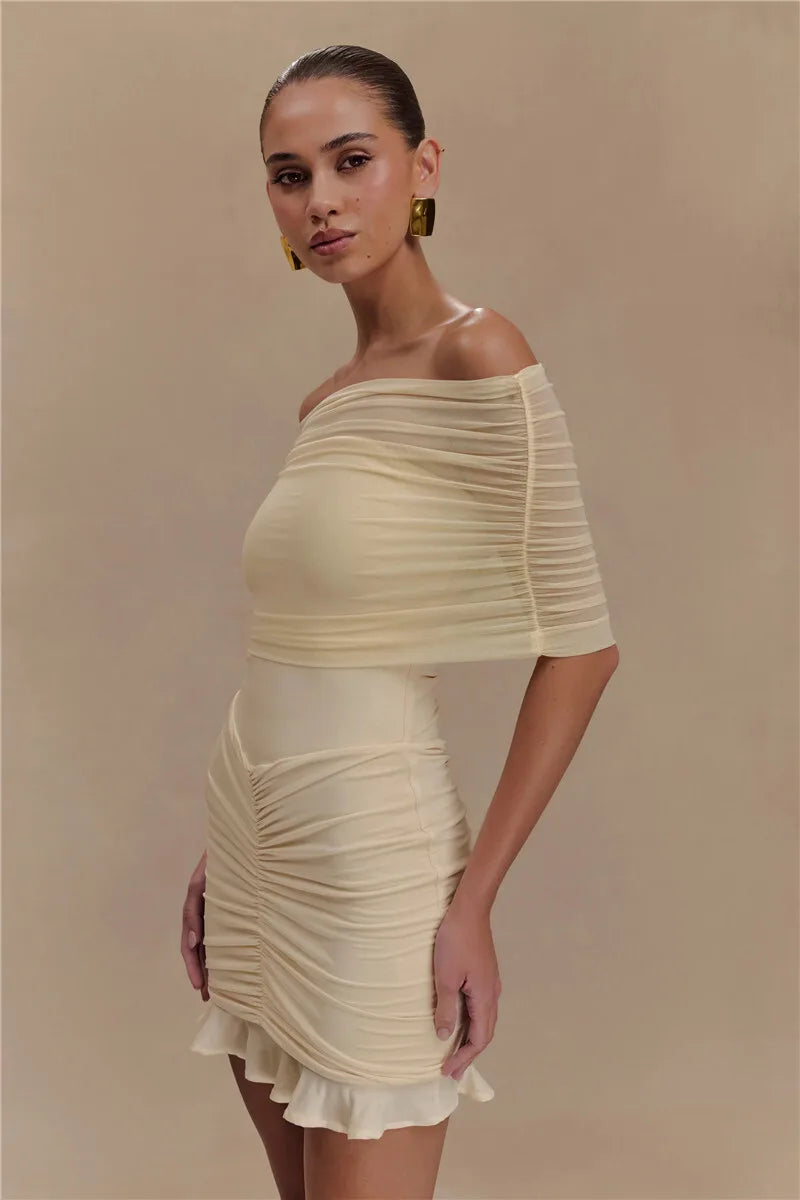Mesh Strapless Off-shoulder Sexy Ruffled Mini Dress For Women Fashion Backless High Waist Female Ruched Party Dress