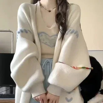 Load image into Gallery viewer, Grunge Casual Loose White Vintage Cardigans Y2k Aesthetic Fashion Bandage All Match Coats Women Autumn Oversized Preppy Sweater
