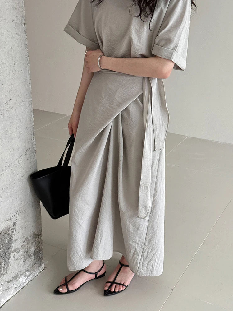 Women Navy Blue Cross Bandage Big Size Elegant Midi Dress New Round Neck Short Sleeve Fashion Spring Summer 2025 1DJ1359