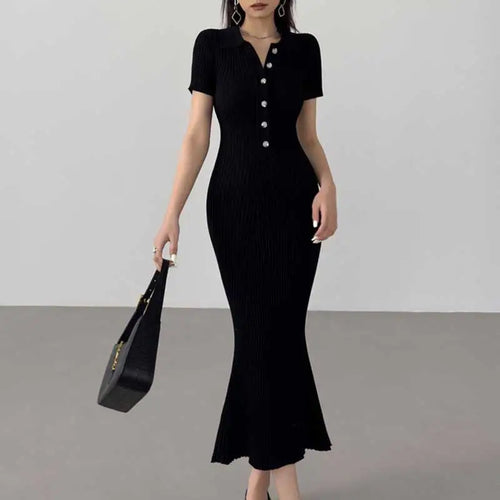 Load image into Gallery viewer, Korean Version Summer Solid Elegant Office Lady Button Knitted Long Dress Women's Slim Short Sleeve Wrapped Hip Fishtail Dresses

