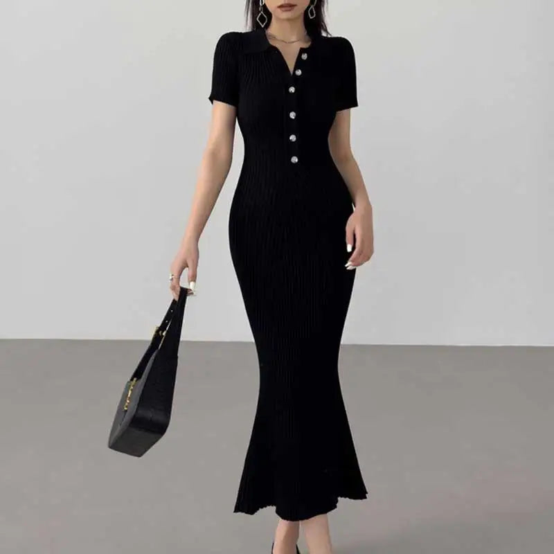 Korean Version Summer Solid Elegant Office Lady Button Knitted Long Dress Women's Slim Short Sleeve Wrapped Hip Fishtail Dresses
