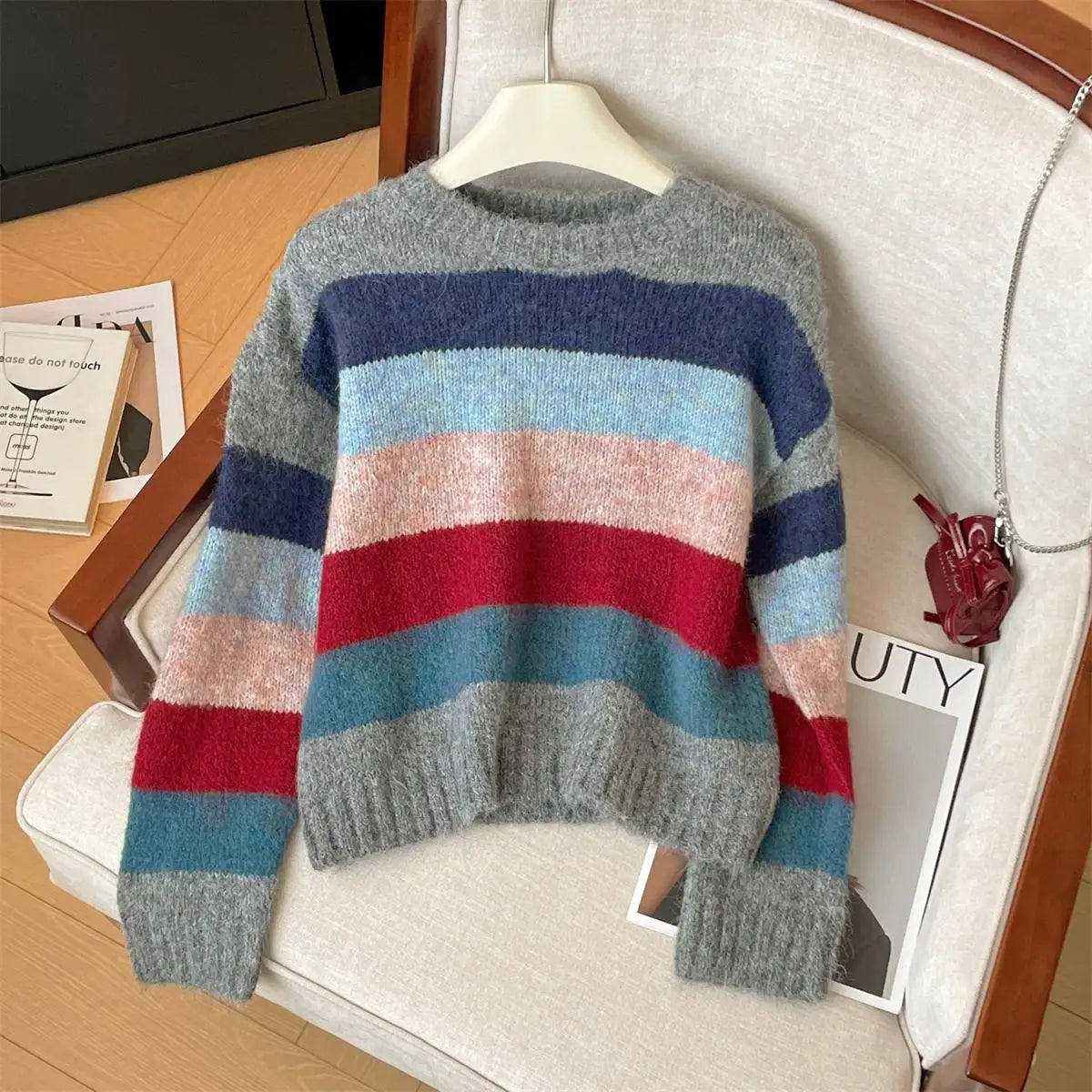 Korean Vintage Women's Rainbow Striped Round Neck Short Sweater Autumn Winter 2024 New Elegant Long Sleeved Knitted Pullover Top