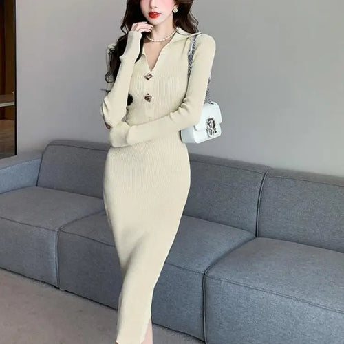 Load image into Gallery viewer, Women Autumn Black Knit Dress 2023 Beige Streetwear Slim Midi Long Dress Ladies Casual Blue Button Office Lady Bodycon Dresses
