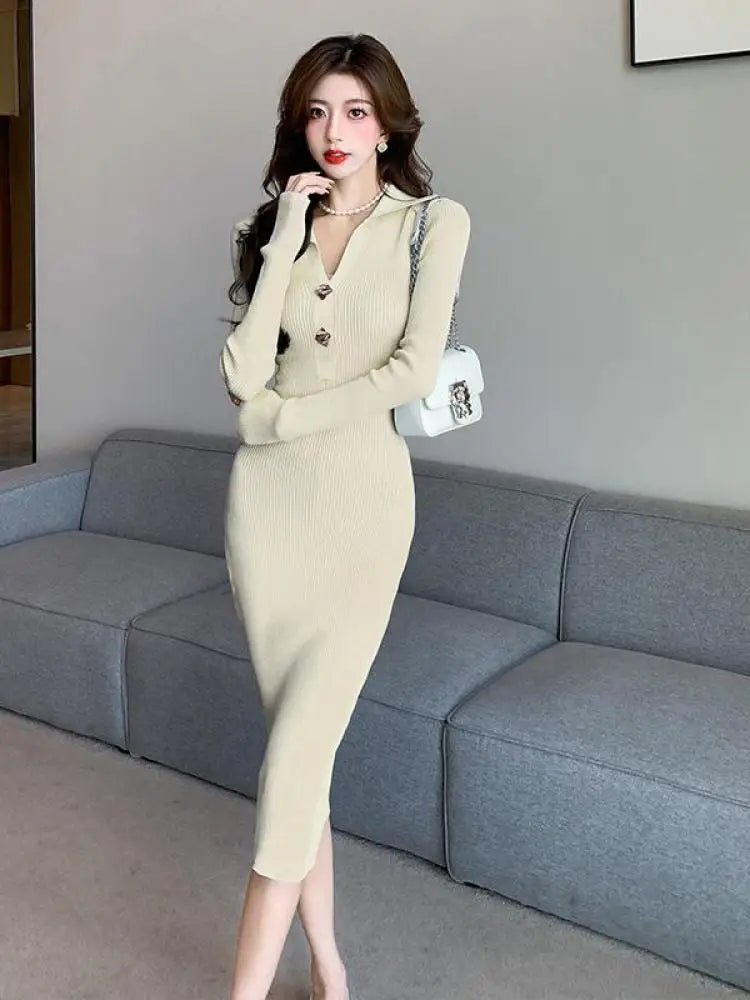 Women Autumn Black Knit Dress 2023 Beige Streetwear Slim Midi Long Dress Ladies Casual Blue Button Office Lady Bodycon Dresses