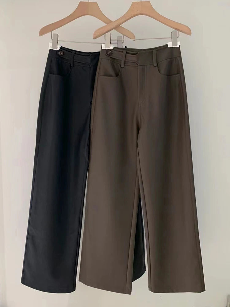 Casual PU Leather Wide Leg Pants For Women High Waist Loose Solid Minimalsit Casual Trousers Female Clothing