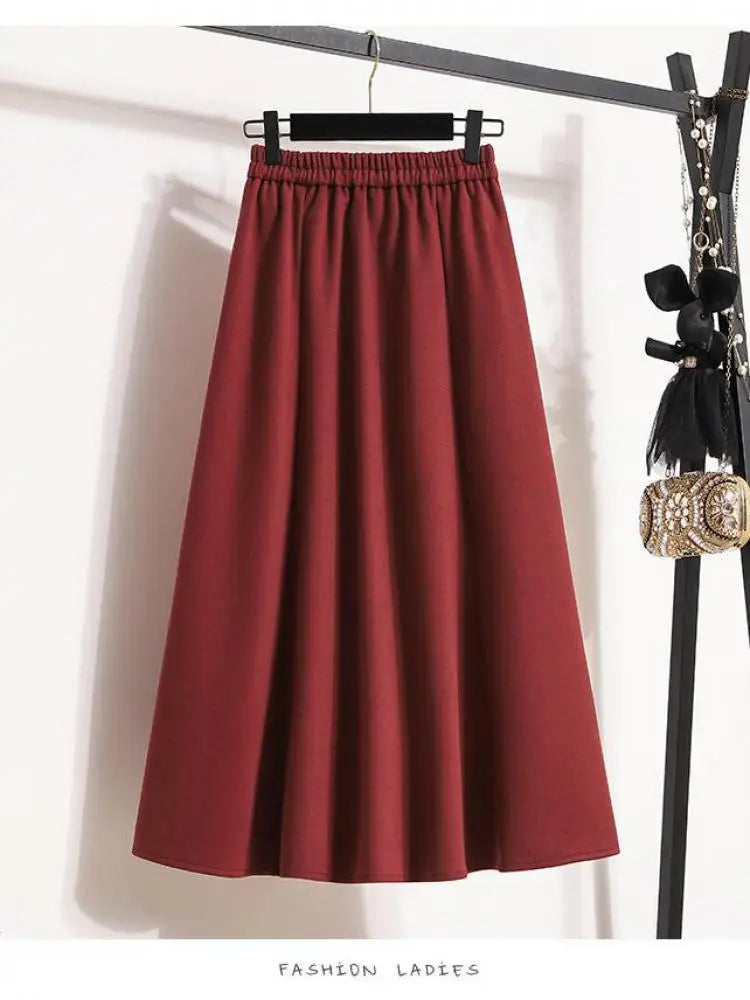 Autumn Winter Black Brown Oversized Woolen Long Skirt Women Fashion Korean Ladies Red High Waist Festival Pleated A-line Skirts