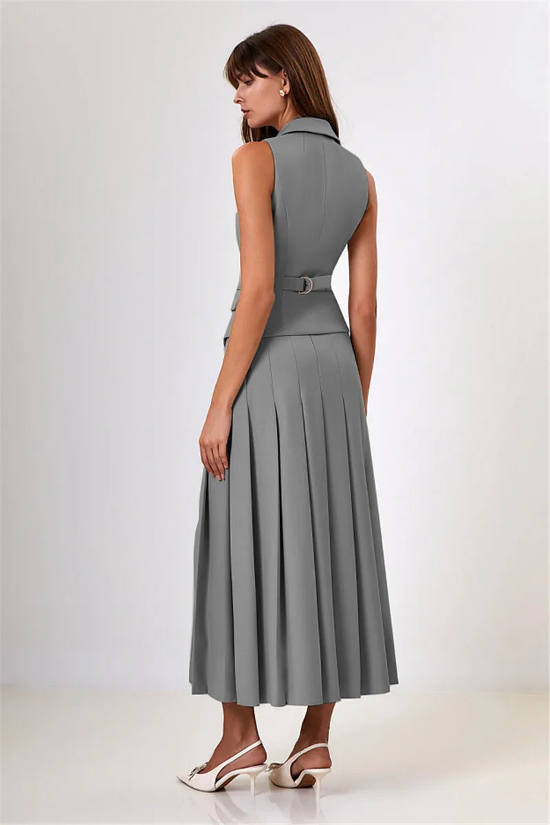 Autumn Two Piece Sets Women Double-breasted Vest And Split Skirt Matching Sets Fashion Long Pleated Skirt Two Piece Set