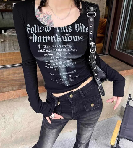 Letter Print Y2k Aesthetic Tee Shirts Femme Casual Vintage Slim Fit Grunge Tops Streetwear Harajuku Women Crop Tshirts Simple