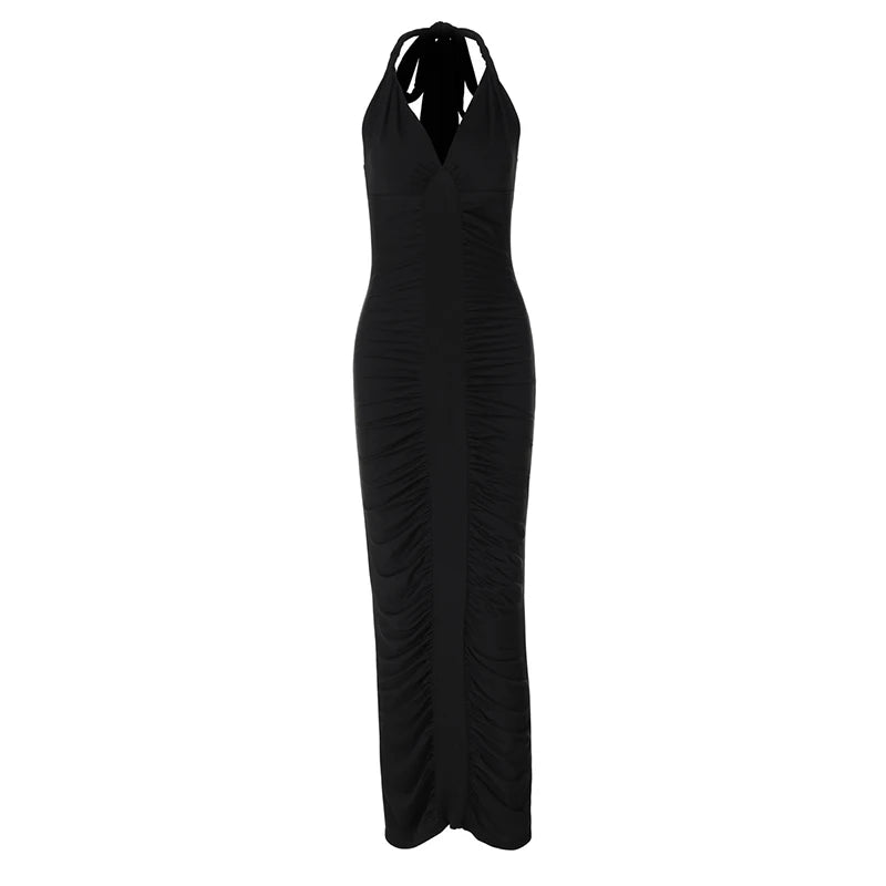 Halter Deep V Neck Sexy Maxi Dress For Women Gown Black Sleeveless Backless Bodycon Ruched Club Party Long Dress