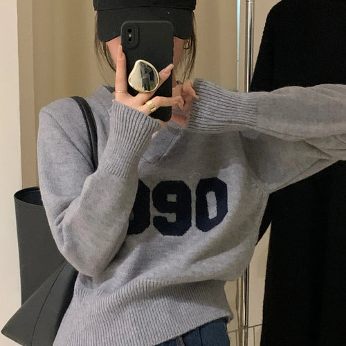 Load image into Gallery viewer, Autumn Y2k Aesthetic Harajuku Letter Patchwork Pullovers Womens Casual Sweater Sweet Vintage Grunge Crop Tops V Neck Streetwear
