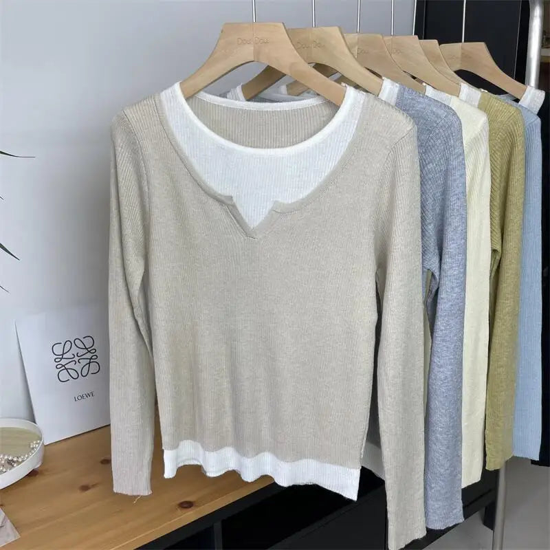 Autumn Winter Women's Patchwork Long Sleeved Pullover Sweater French Casual Round Neck Holiday Knitwear Tops 2024 New Streetwear
