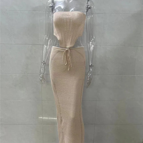 Load image into Gallery viewer, Elegant Knit Skirt Two Piece Sets Women Strapless Bandage Crop Tops And Maxi Skirt Femme Lace Up Sexy Ttwo Piece Sets
