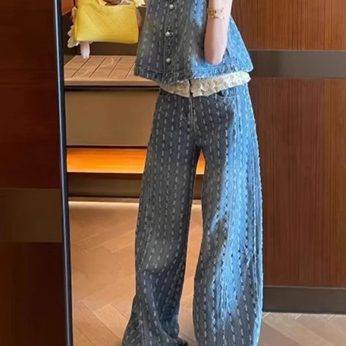 Load image into Gallery viewer, Casual Two Piece Sets for Women Peter Pan Collar Sleeveless Spliced Buttons Top Wide Leg Pant Cowboy Set Female New
