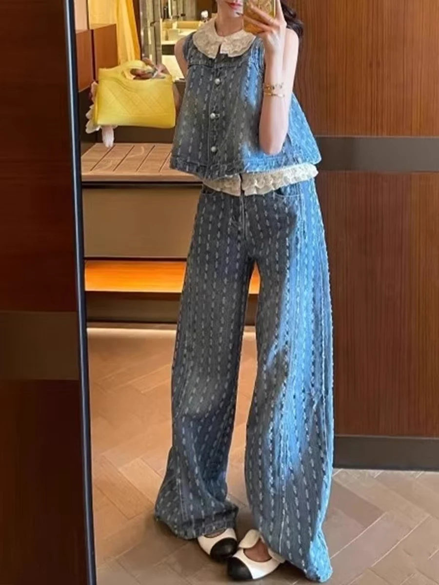 Casual Two Piece Sets for Women Peter Pan Collar Sleeveless Spliced Buttons Top Wide Leg Pant Cowboy Set Female New