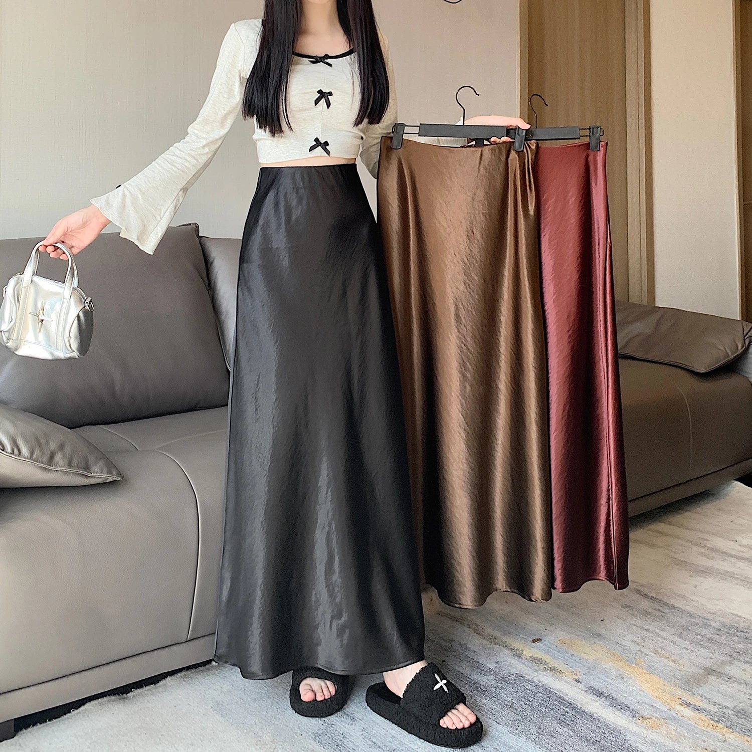 Korean Elegant Black Red Long Skirt Women Autumn Winter Brown High Waist Office Ladies Slim Straight Fishtail Skirt Trend Simple