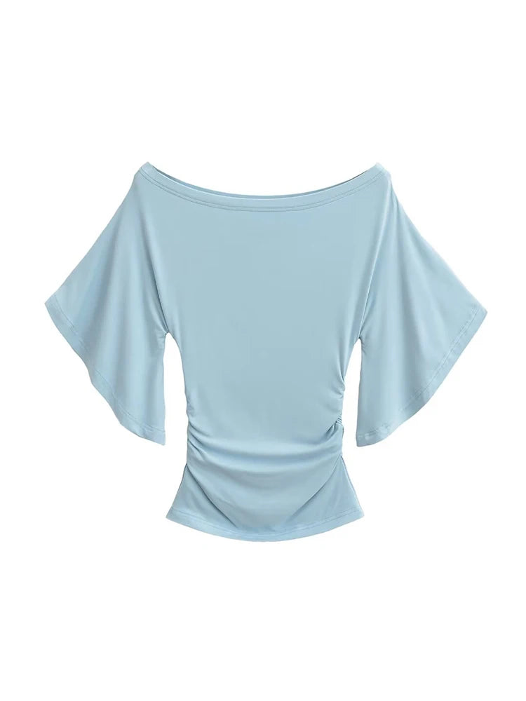 Korean style Women Summer Sexy Bat Sleeve Slash Neck Off Shoulder T-shirt Cinching Waist Solid Slim Top