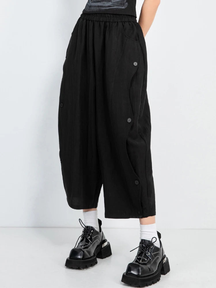 High Elastic Waist Black Side Button Shaped Long Wide Leg Pants New Trousers Women Fashion Tide Spring Autumn 2025 1DJ0983