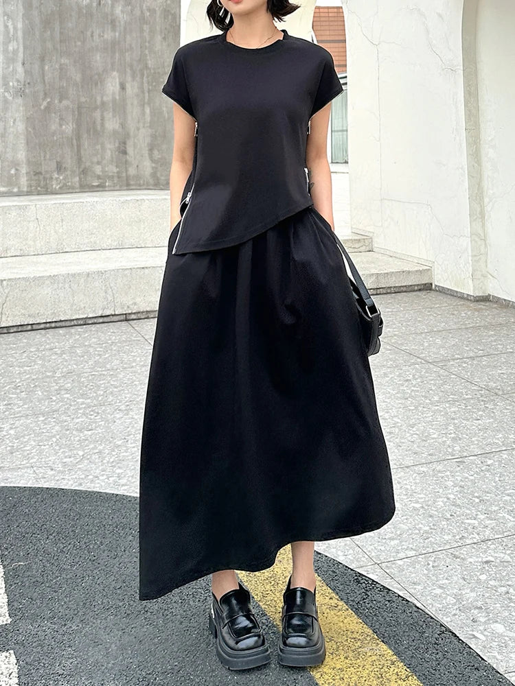 Black Zipper T-shirt Half-body Skirt Two Pieces Suit New Round Neck Sleeveless Women Fashion Spring Summer 2025  1DJ1016