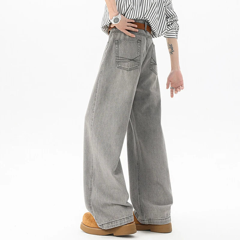 Men's Jeans New Korean Washed Tide Straight Leg Design Handsome Male Trousers Solid Color Stylish Simple Trousers 9W1644