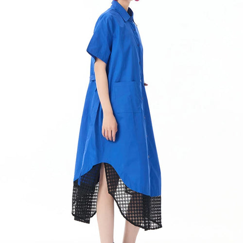 Load image into Gallery viewer, Women Blue Mesh Color-block Big Size Midi Shirt Dress New Lapel Short Sleeve Fashion Tide Spring Summer 2025 1DJ0932
