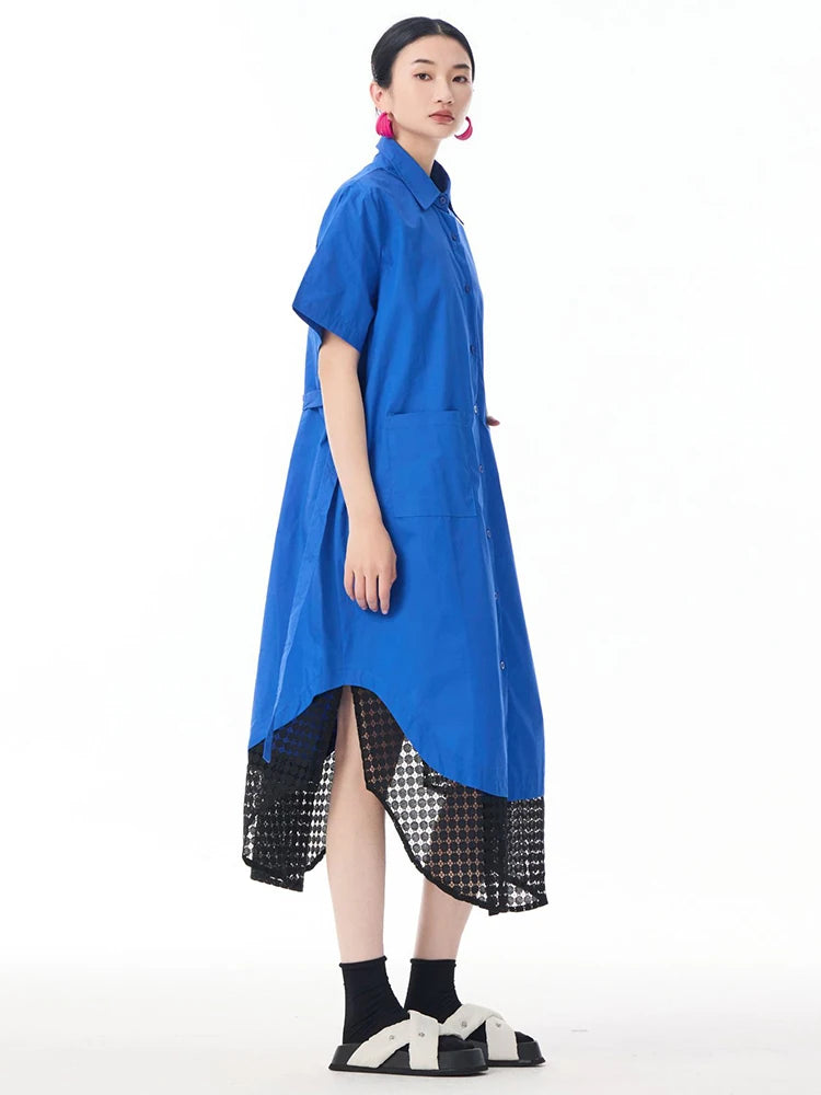 Women Blue Mesh Color-block Big Size Midi Shirt Dress New Lapel Short Sleeve Fashion Tide Spring Summer 2025 1DJ0932