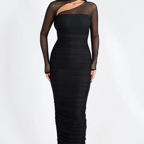 Load image into Gallery viewer, Mesh Long Sleeve Skew Collar Sexy Maxi Dress For Women Off-shoulder Backless Ruched Bodycon Club Party Long Dress
