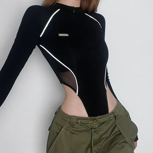 Load image into Gallery viewer, Streetwear Stripe Black Skinny Autumn Bodysuit Women Mesh Spliced Sexy Body Moto&amp;Biker Style One Piece Romper Clothes
