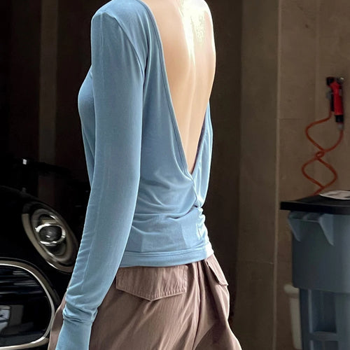 Load image into Gallery viewer, Women White Brief Backlesss Elegant Slim T-shirt New Round Neck Long Sleeve Fashion Tide Spring Summer 2025 1DJ1477
