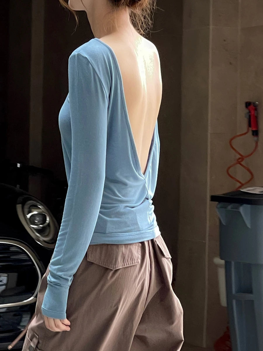 Women White Brief Backlesss Elegant Slim T-shirt New Round Neck Long Sleeve Fashion Tide Spring Summer 2025 1DJ1477