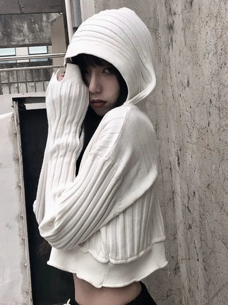 Harajuku Black White Sweater Cropped Cardigan Women Korean Fashion Streetwear Jumper Female Autumn Hoody Knitted Top