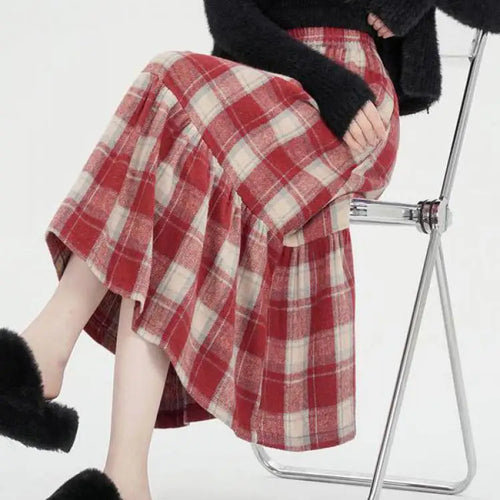 Load image into Gallery viewer, French Vintage Autumn Winter Red Plaid Elegant Pleated Long Skirt For Women's High Waist Festival Ruffles A-line Skirts 2024 New
