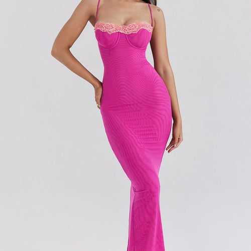 Load image into Gallery viewer, Sexy Lace Patchwork Backless Slim Women Dress Spaghetti Srap Double Layer Bodycon Midi Female Elegant Party Clubwear
