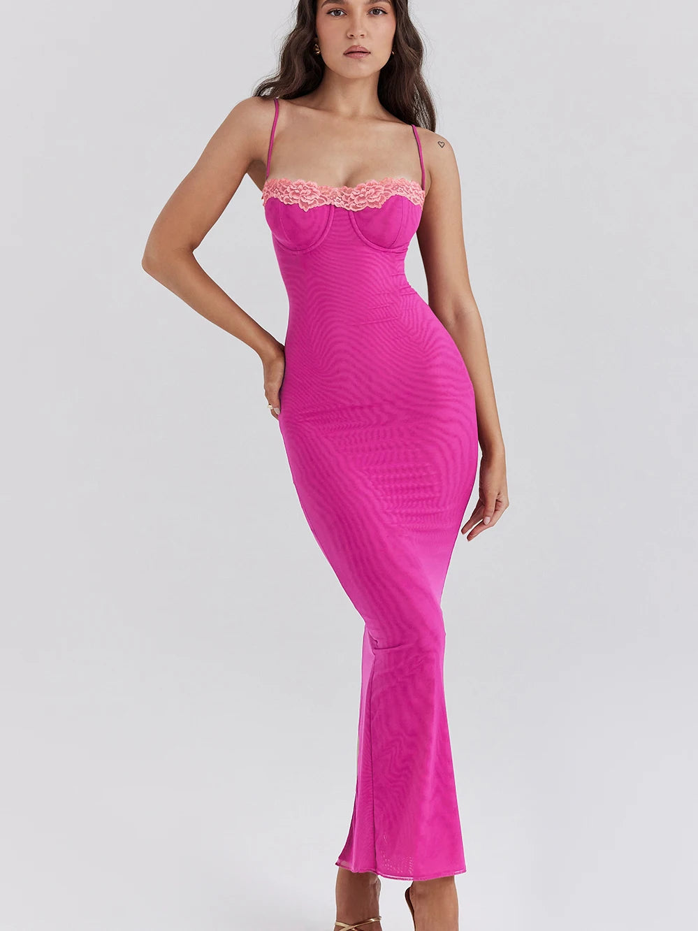 Sexy Lace Patchwork Backless Slim Women Dress Spaghetti Srap Double Layer Bodycon Midi Female Elegant Party Clubwear