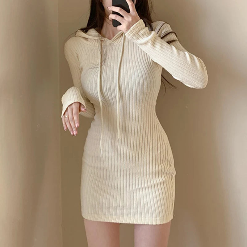 Korean Fashion Fitness Winter Dress Female Solid Basic Hooded Dresses Casual Autumn Clothes Knitted Slim Elegant New