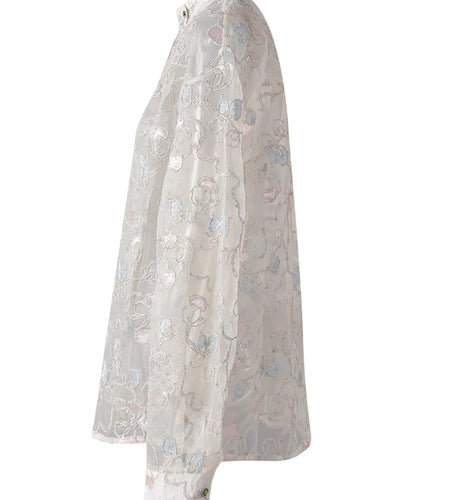 Women Apricot Embroidery Thin Big Size Blouse New Stand Collar Long Sleeve Shirt Fashion Tide Spring Summer 2025 CPG3123