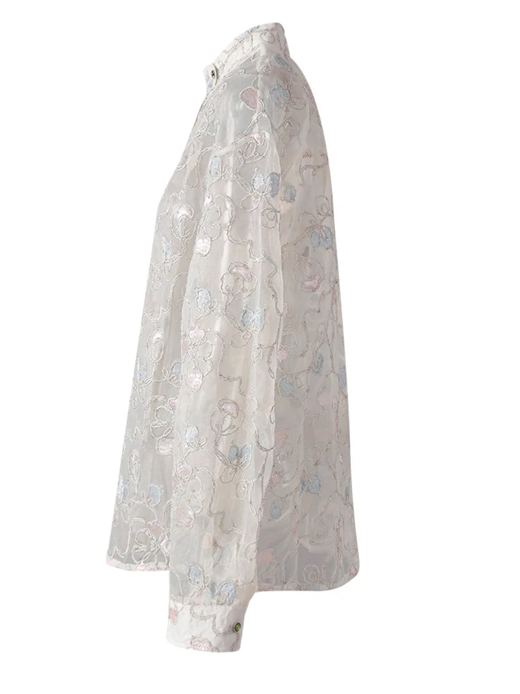 Women Apricot Embroidery Thin Big Size Blouse New Stand Collar Long Sleeve Shirt Fashion Tide Spring Summer 2025 CPG3123