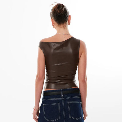 Load image into Gallery viewer, Ruched PU Leather Sexy Tank Tops For Women Fashion Oblique Shoulder Sleeveless Backless Skinny Crop Tops Elegant
