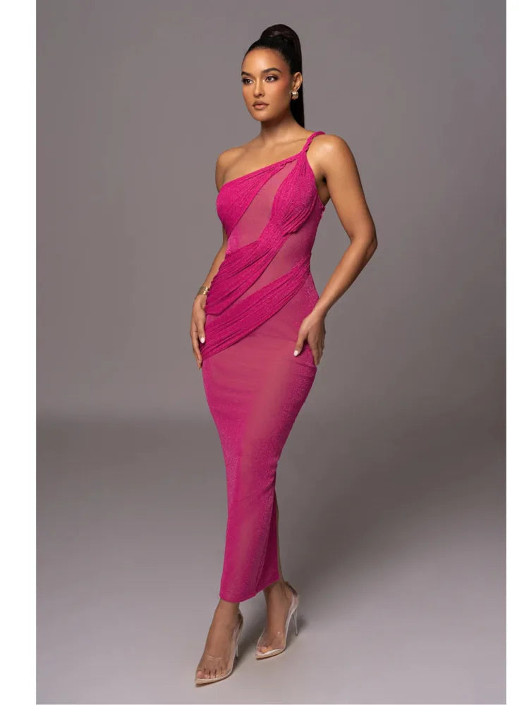 Elegant Sleeveless Mesh Patchwork Split Dress Women's Sexy Open Back Tight Female Vestidos Slim Party Club Evening Dress