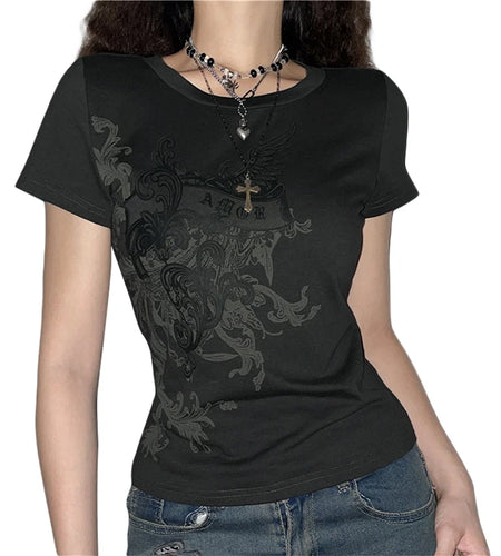 y2k Fairy Grunge Tops Summer Vintage Floral Print Short Sleeve Tshirt 2000s Aesthetic Women Harajuku Tee Streetwear