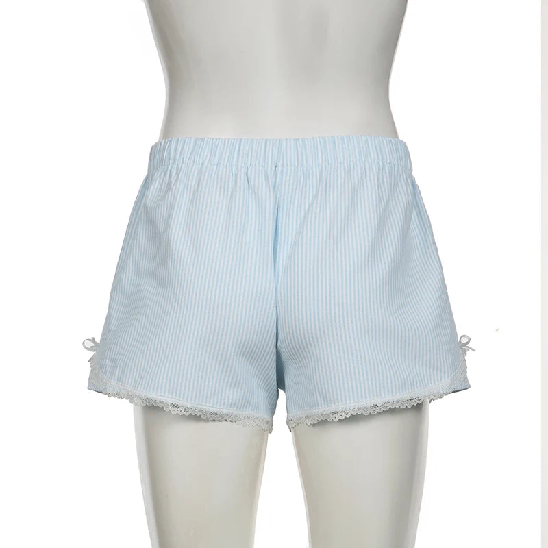 Casual Stripe Sweet Women Shorts Summer Lace Trim Bow Buttons Homewear Korean Hottie Hotpants Basic Short Capris New