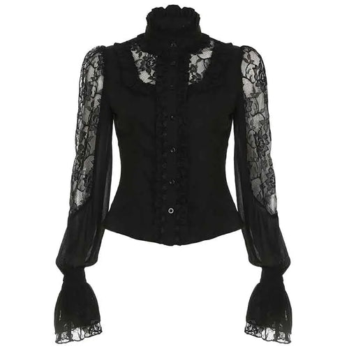 Load image into Gallery viewer, Chic French Lace Hook Flower Hollow Shirts Women Elegant Turtleneck Ruffles Trim Blouse Flared Sleeve Vintage Ruched
