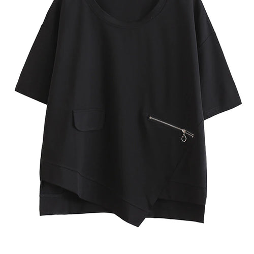 Load image into Gallery viewer, Women Black Zipper Irregular Big Size Casual T-shirt New Round Neck Shoort Sleeve Fashion Tide Spring Summer 2025 1DJ1827
