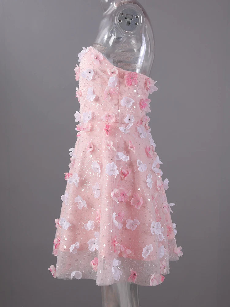 Women Three-dimensional Flower Rhinestones Mini Strapless Dress New Sleeveless Fashion Tide Spring Autumn 2025 CPG2978