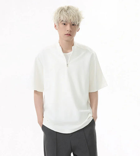 Men's T-shirts Korean Simple Stand Collar Design Solid Color Half Zipper Stylish Male Clothing Short Sleeve Top 9W1602