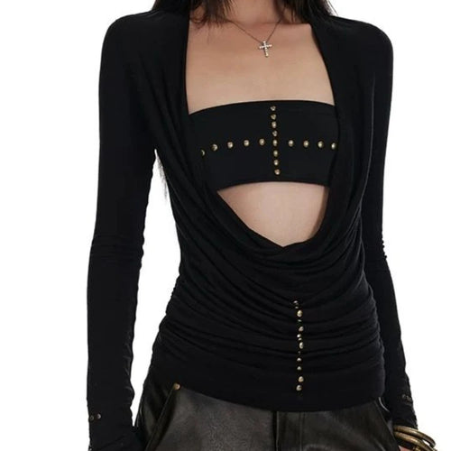 Load image into Gallery viewer, Two Pieces Set Punk Cross Rivets Sexy Women Strapless + Slim Harajuku Vintage Solid Knitted T-Shirt Y2k Aesthetic Fashion Outfit
