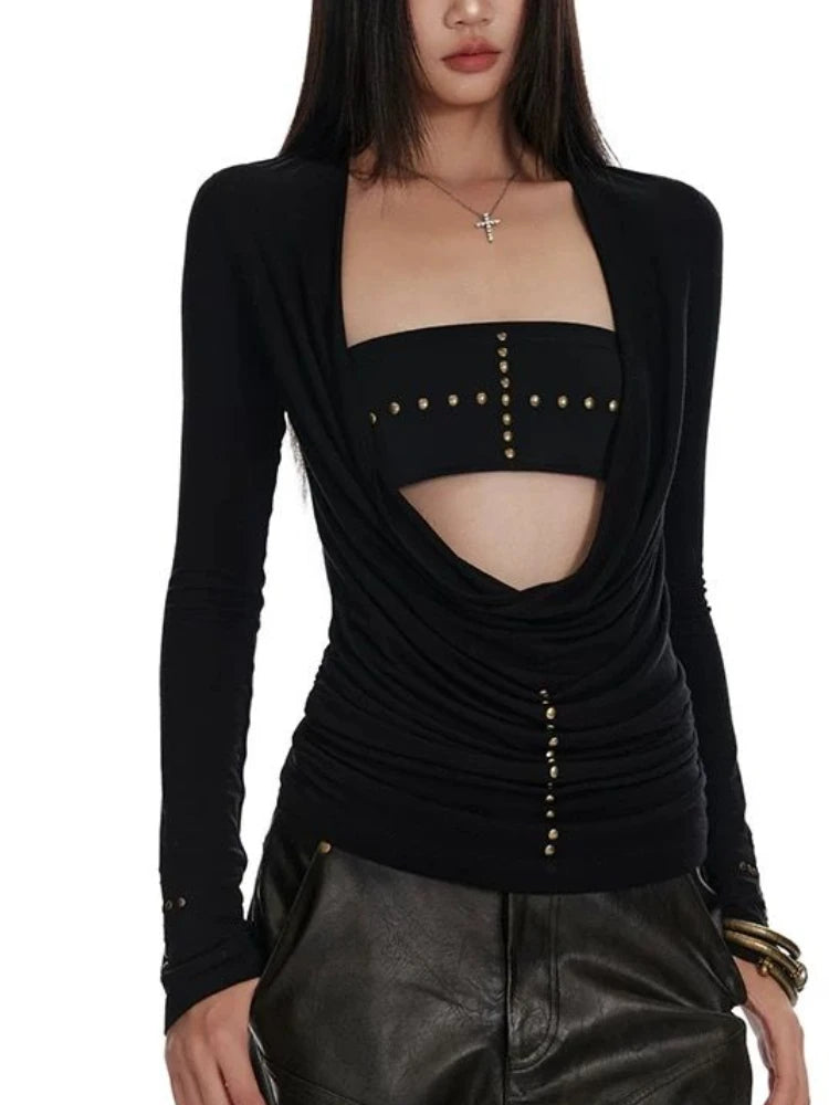 Two Pieces Set Punk Cross Rivets Sexy Women Strapless + Slim Harajuku Vintage Solid Knitted T-Shirt Y2k Aesthetic Fashion Outfit